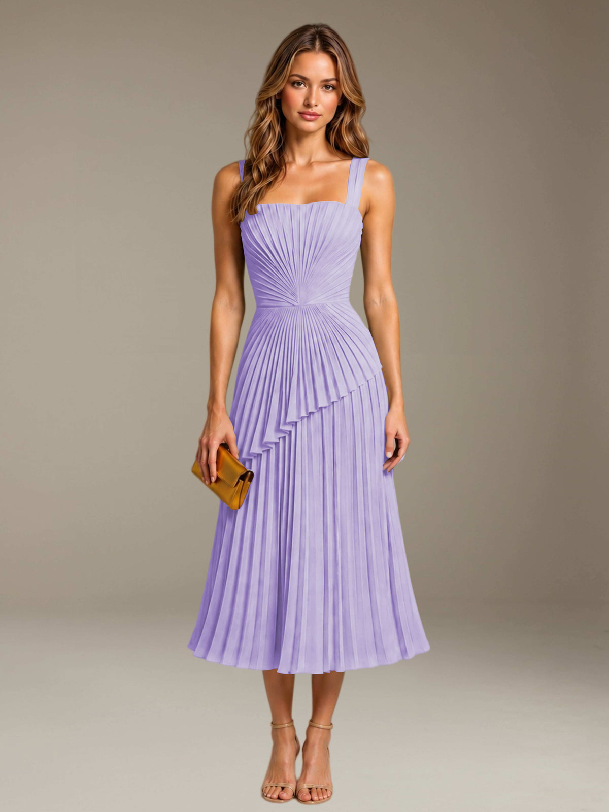 Lilac Free Shipping Elegant Square Neck A-Line Tea-Length Chiffon Wedding Guest Dress with Pleated