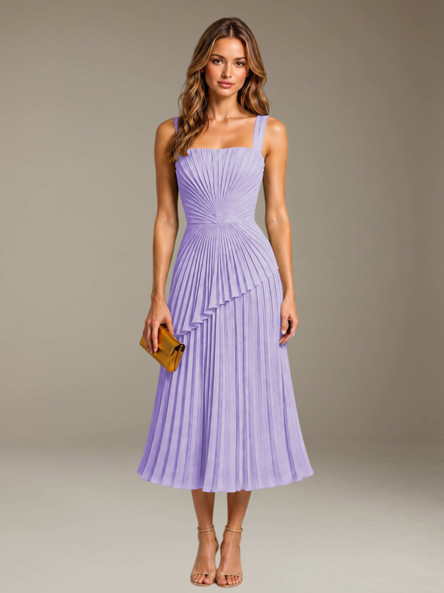 Lilac Free Shipping Elegant Square Neck A-Line Tea-Length Chiffon Wedding Guest Dress with Pleated