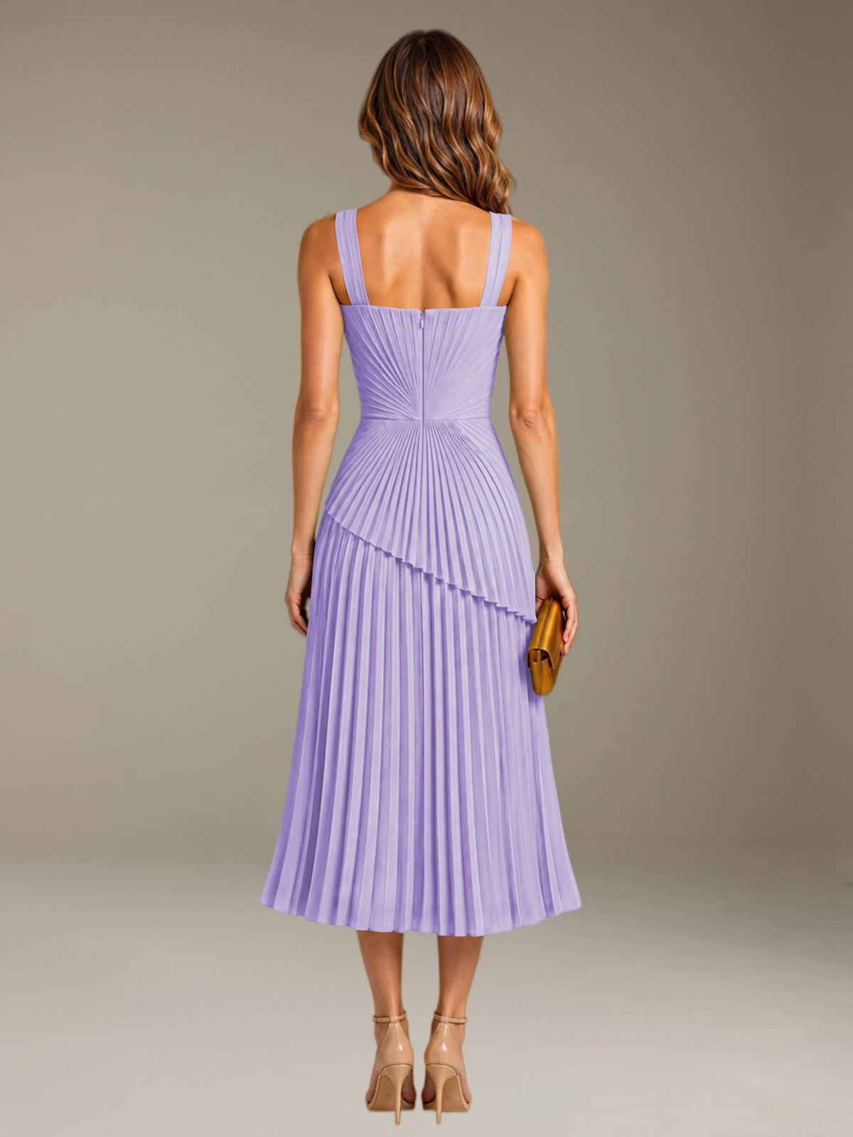 Lilac Free Shipping Elegant Square Neck A-Line Tea-Length Chiffon Wedding Guest Dress with Pleated