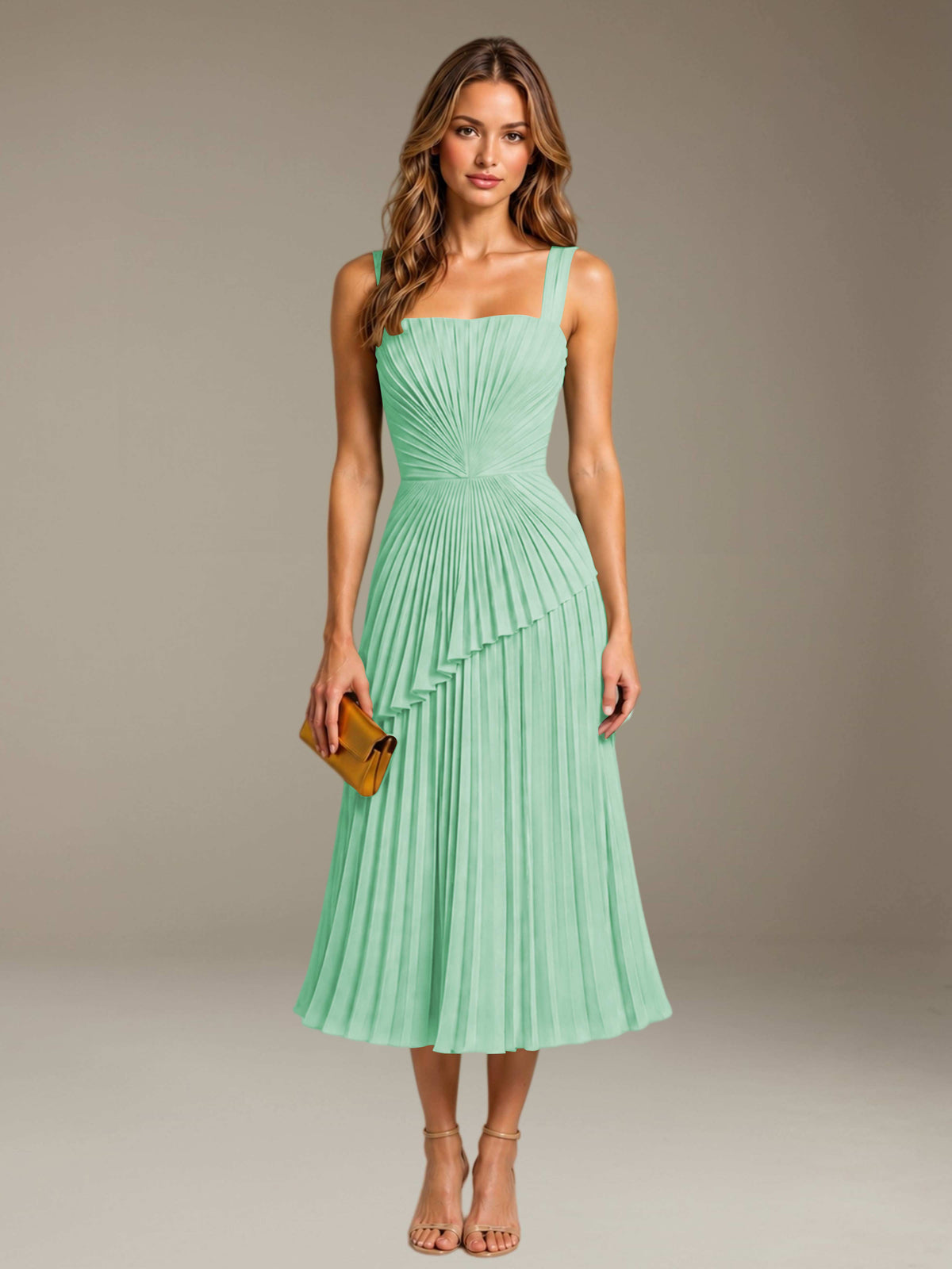 Mint Green Free Shipping Elegant Square Neck A-Line Tea-Length Chiffon Wedding Guest Dress with Pleated