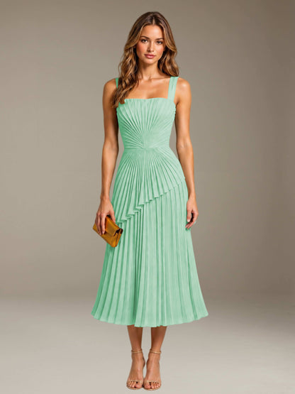 Mint Green Free Shipping Elegant Square Neck A-Line Tea-Length Chiffon Wedding Guest Dress with Pleated