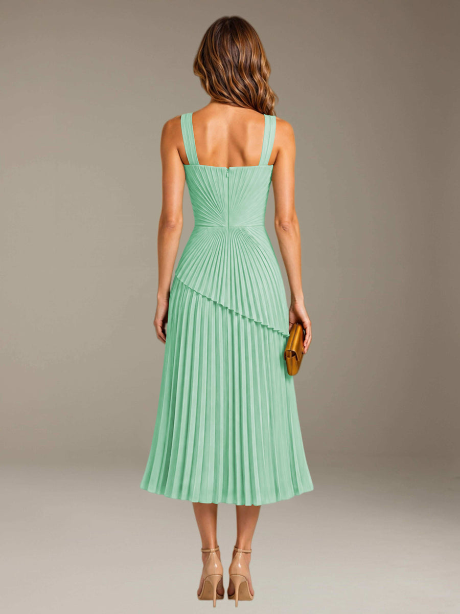 Mint Green Free Shipping Elegant Square Neck A-Line Tea-Length Chiffon Wedding Guest Dress with Pleated