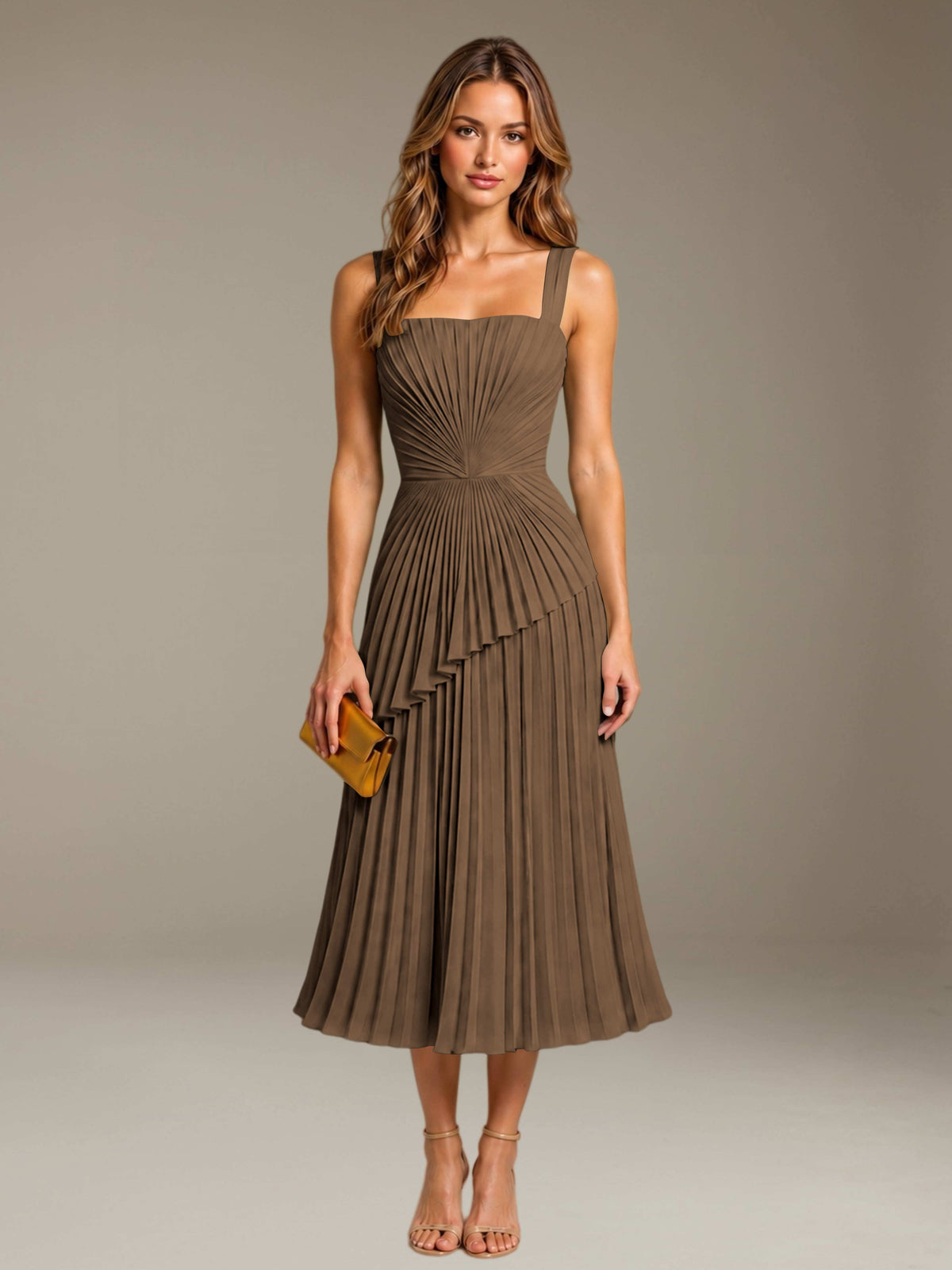Mocha Free Shipping Elegant Square Neck A-Line Tea-Length Chiffon Wedding Guest Dress with Pleated