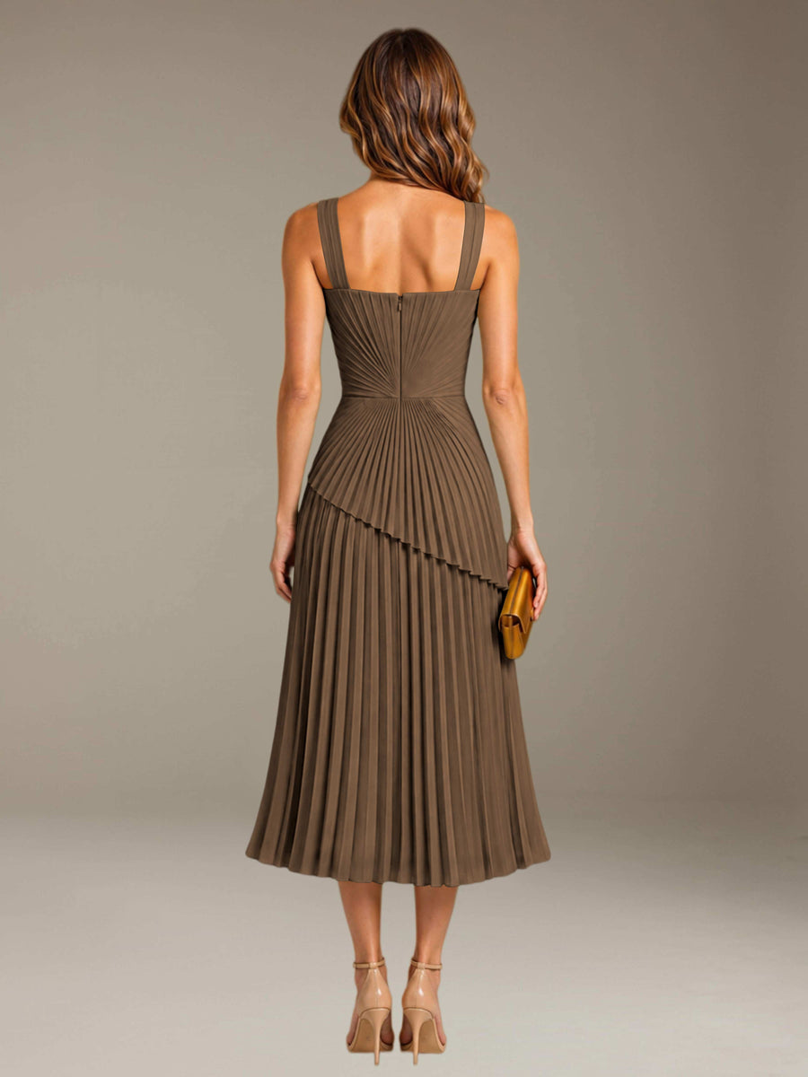 Mocha Free Shipping Elegant Square Neck A-Line Tea-Length Chiffon Wedding Guest Dress with Pleated