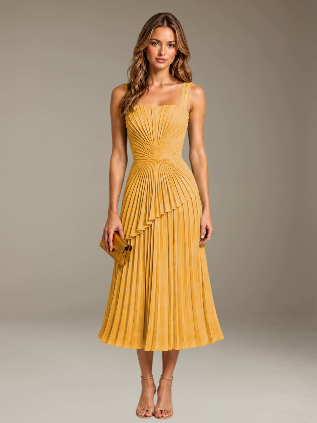 Mustard Free Shipping Elegant Square Neck A-Line Tea-Length Chiffon Wedding Guest Dress with Pleated