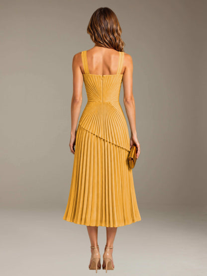 Mustard Free Shipping Elegant Square Neck A-Line Tea-Length Chiffon Wedding Guest Dress with Pleated