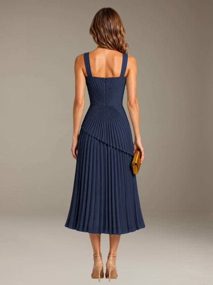 Navy Blue Free Shipping Elegant Square Neck A-Line Tea-Length Chiffon Wedding Guest Dress with Pleated