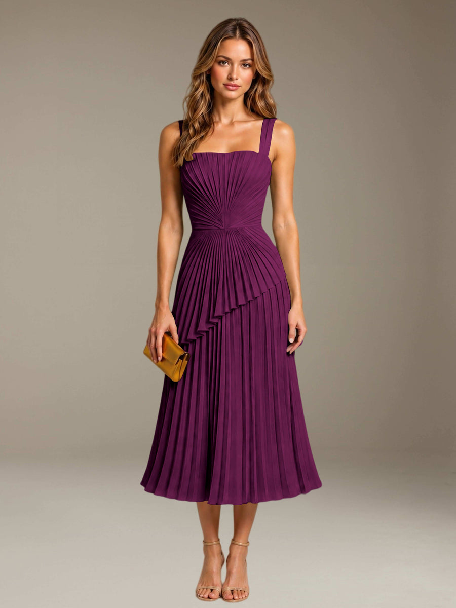 Plum Free Shipping Elegant Square Neck A-Line Tea-Length Chiffon Wedding Guest Dress with Pleated