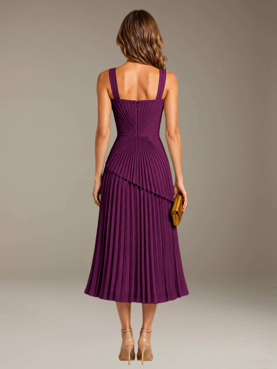 Plum Free Shipping Elegant Square Neck A-Line Tea-Length Chiffon Wedding Guest Dress with Pleated