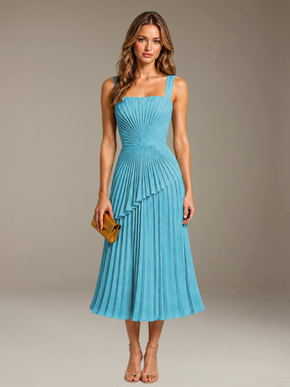 Pool Free Shipping Elegant Square Neck A-Line Tea-Length Chiffon Wedding Guest Dress with Pleated