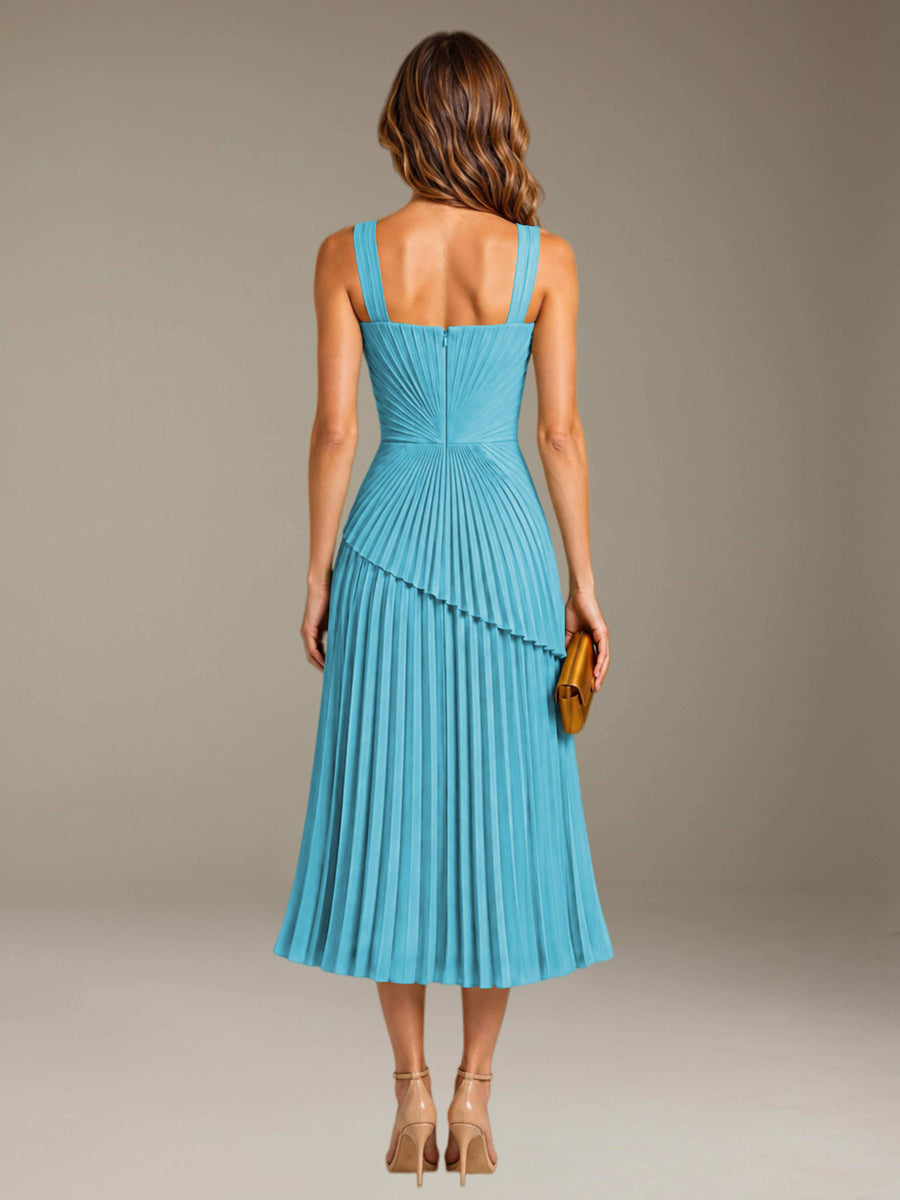 Pool Free Shipping Elegant Square Neck A-Line Tea-Length Chiffon Wedding Guest Dress with Pleated