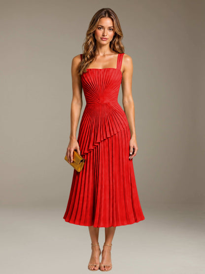 Red Free Shipping Elegant Square Neck A-Line Tea-Length Chiffon Wedding Guest Dress with Pleated