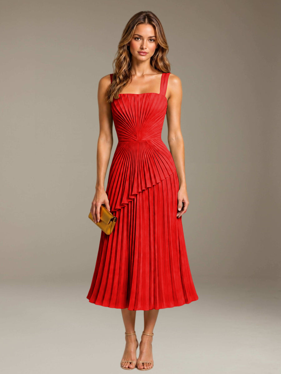 Red Free Shipping Elegant Square Neck A-Line Tea-Length Chiffon Wedding Guest Dress with Pleated