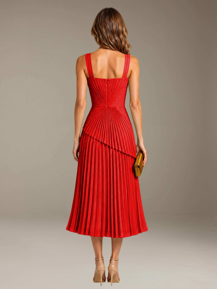 Red Free Shipping Elegant Square Neck A-Line Tea-Length Chiffon Wedding Guest Dress with Pleated