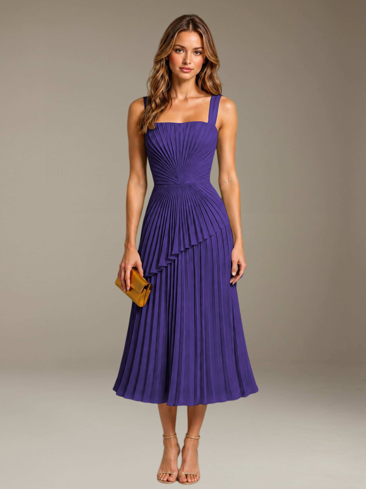 Regency Free Shipping Elegant Square Neck A-Line Tea-Length Chiffon Wedding Guest Dress with Pleated