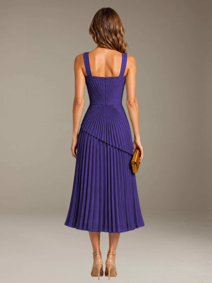 Regency Free Shipping Elegant Square Neck A-Line Tea-Length Chiffon Wedding Guest Dress with Pleated