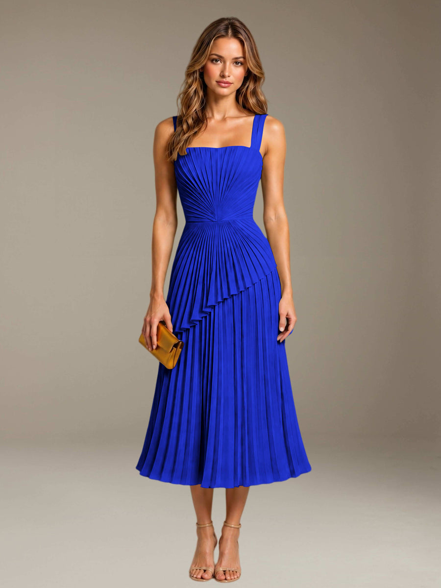 Royal Blue Free Shipping Elegant Square Neck A-Line Tea-Length Chiffon Wedding Guest Dress with Pleated