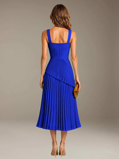 Royal Blue Free Shipping Elegant Square Neck A-Line Tea-Length Chiffon Wedding Guest Dress with Pleated