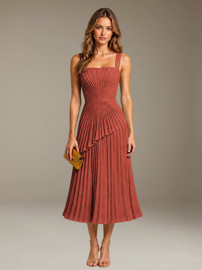 Rust Free Shipping Elegant Square Neck A-Line Tea-Length Chiffon Wedding Guest Dress with Pleated