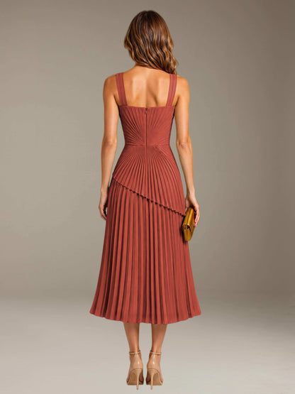 Rust Free Shipping Elegant Square Neck A-Line Tea-Length Chiffon Wedding Guest Dress with Pleated