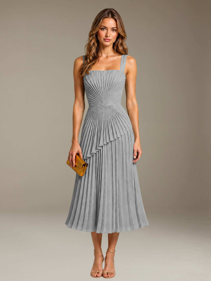 Silver Free Shipping Elegant Square Neck A-Line Tea-Length Chiffon Wedding Guest Dress with Pleated