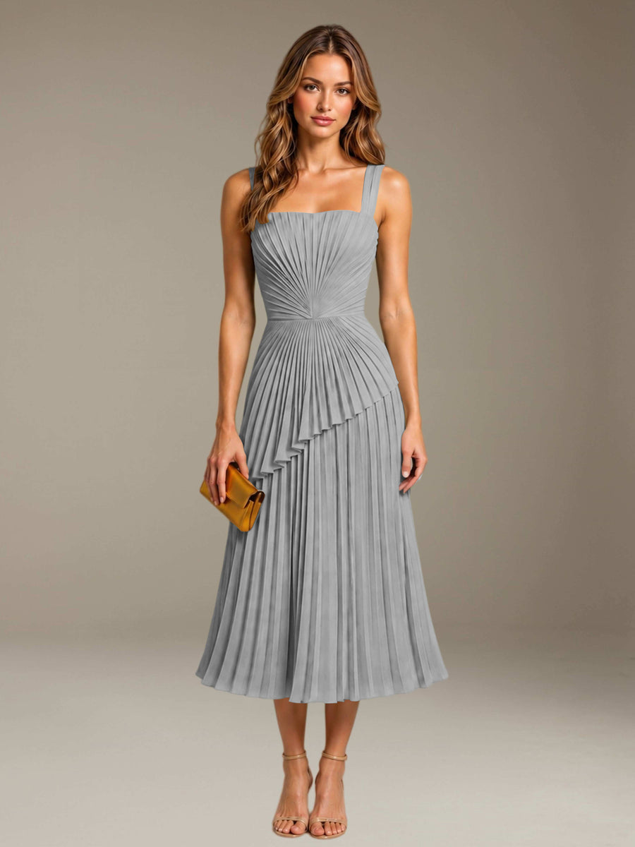 Silver Free Shipping Elegant Square Neck A-Line Tea-Length Chiffon Wedding Guest Dress with Pleated