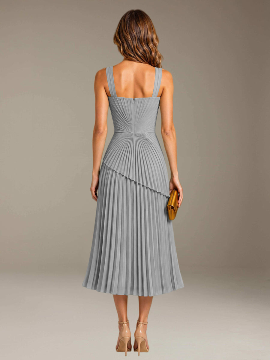 Silver Free Shipping Elegant Square Neck A-Line Tea-Length Chiffon Wedding Guest Dress with Pleated