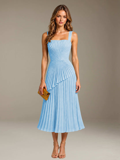 Sky Blue Free Shipping Elegant Square Neck A-Line Tea-Length Chiffon Wedding Guest Dress with Pleated