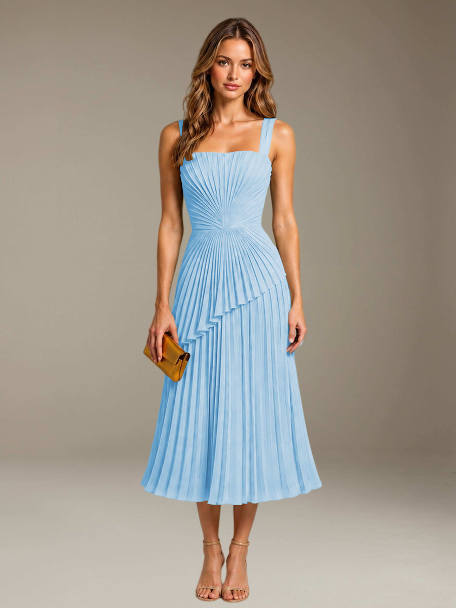 Sky Blue Free Shipping Elegant Square Neck A-Line Tea-Length Chiffon Wedding Guest Dress with Pleated