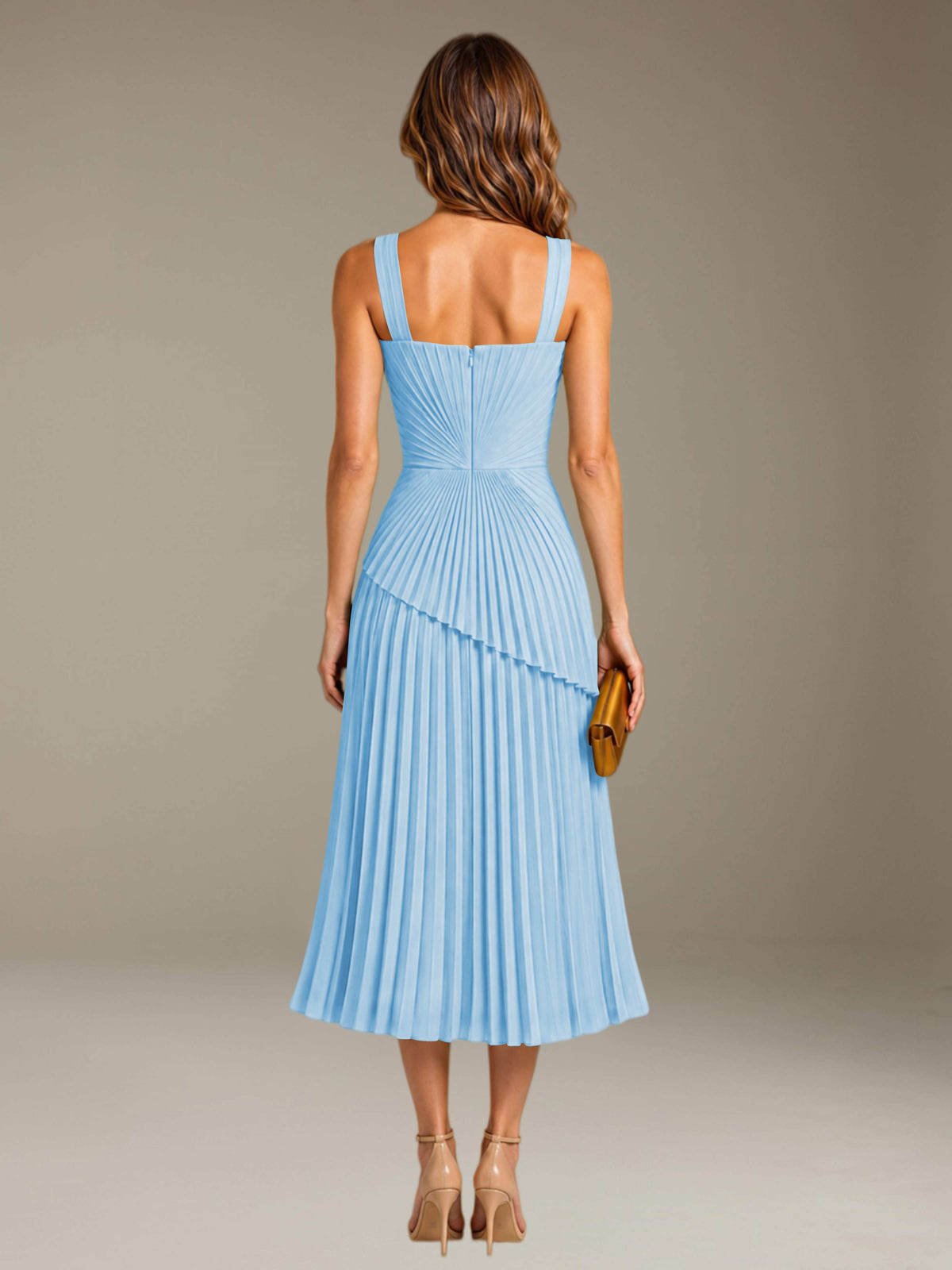 Sky Blue Free Shipping Elegant Square Neck A-Line Tea-Length Chiffon Wedding Guest Dress with Pleated