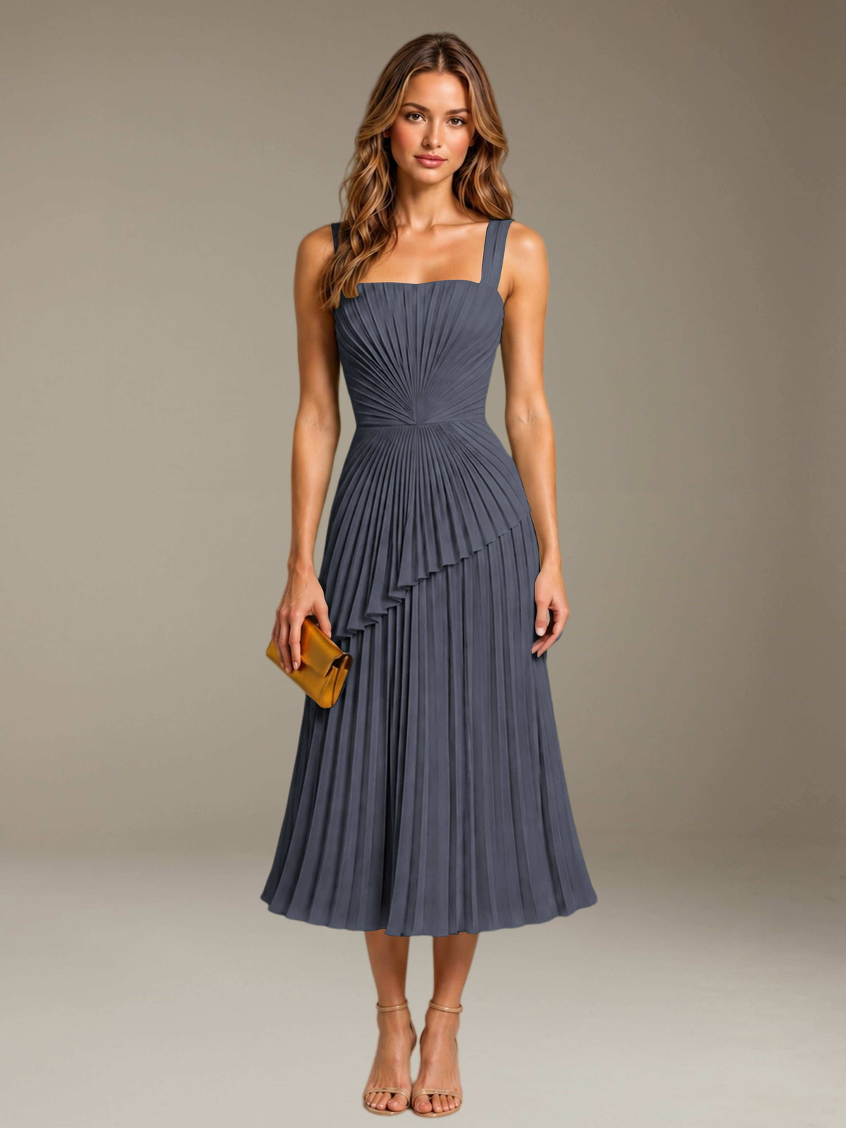 Stormy Free Shipping Elegant Square Neck A-Line Tea-Length Chiffon Wedding Guest Dress with Pleated
