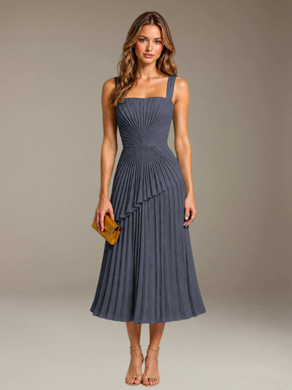 Stormy Free Shipping Elegant Square Neck A-Line Tea-Length Chiffon Wedding Guest Dress with Pleated
