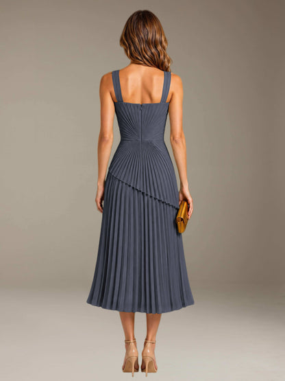 Stormy Free Shipping Elegant Square Neck A-Line Tea-Length Chiffon Wedding Guest Dress with Pleated