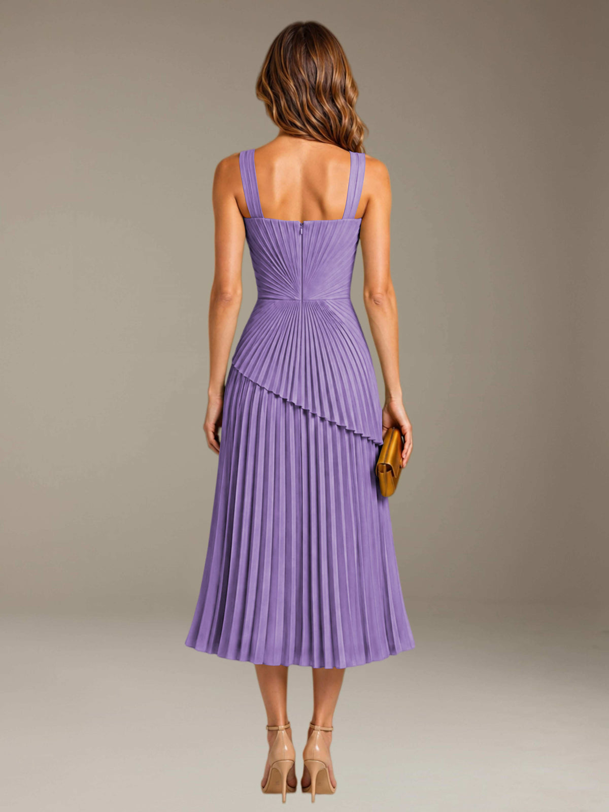 Tahiti Free Shipping Elegant Square Neck A-Line Tea-Length Chiffon Wedding Guest Dress with Pleated