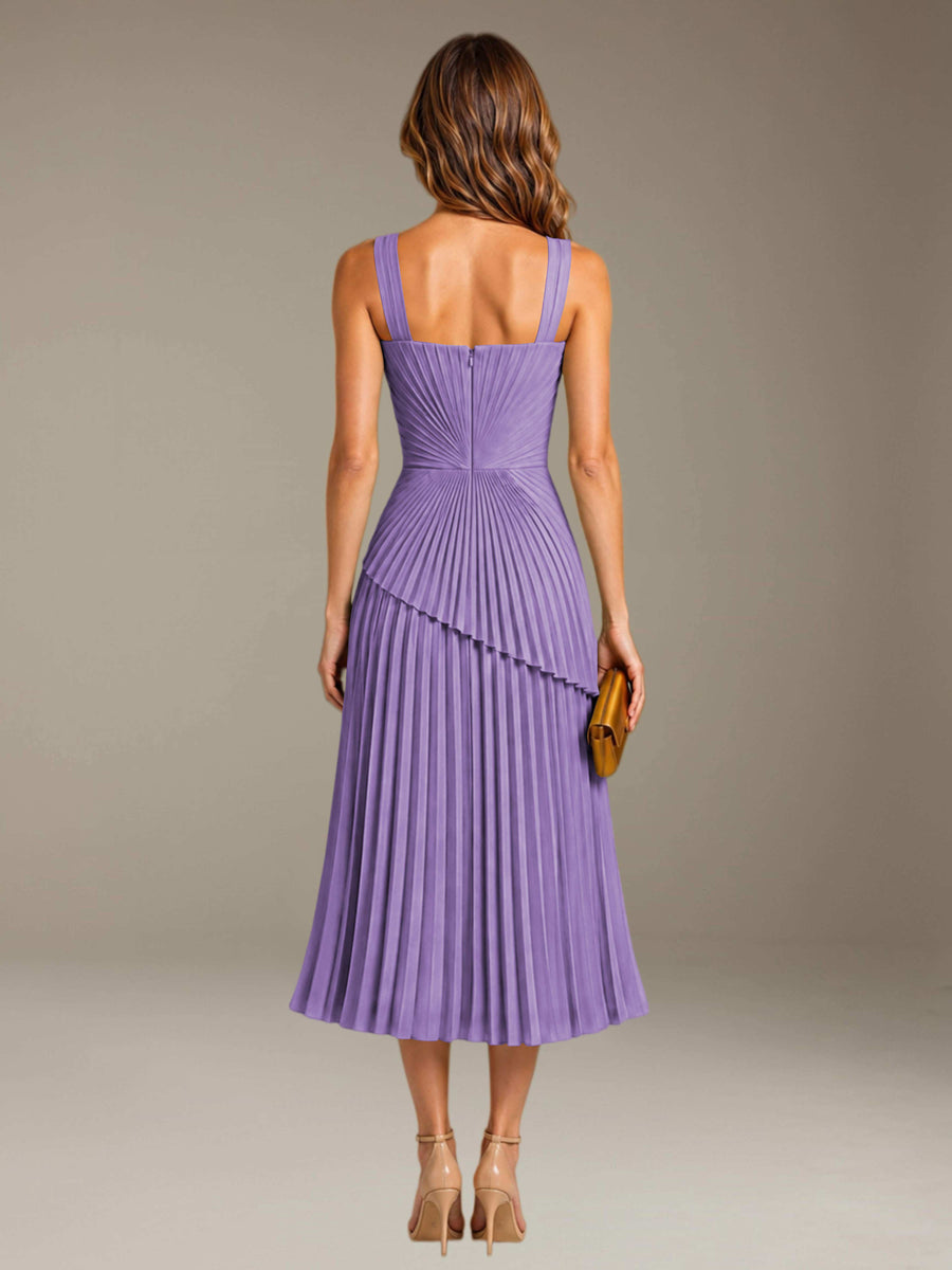 Tahiti Free Shipping Elegant Square Neck A-Line Tea-Length Chiffon Wedding Guest Dress with Pleated