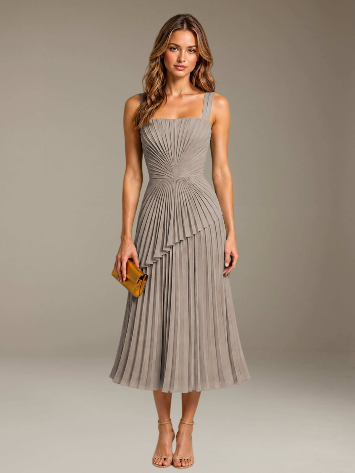 Taupe Free Shipping Elegant Square Neck A-Line Tea-Length Chiffon Wedding Guest Dress with Pleated