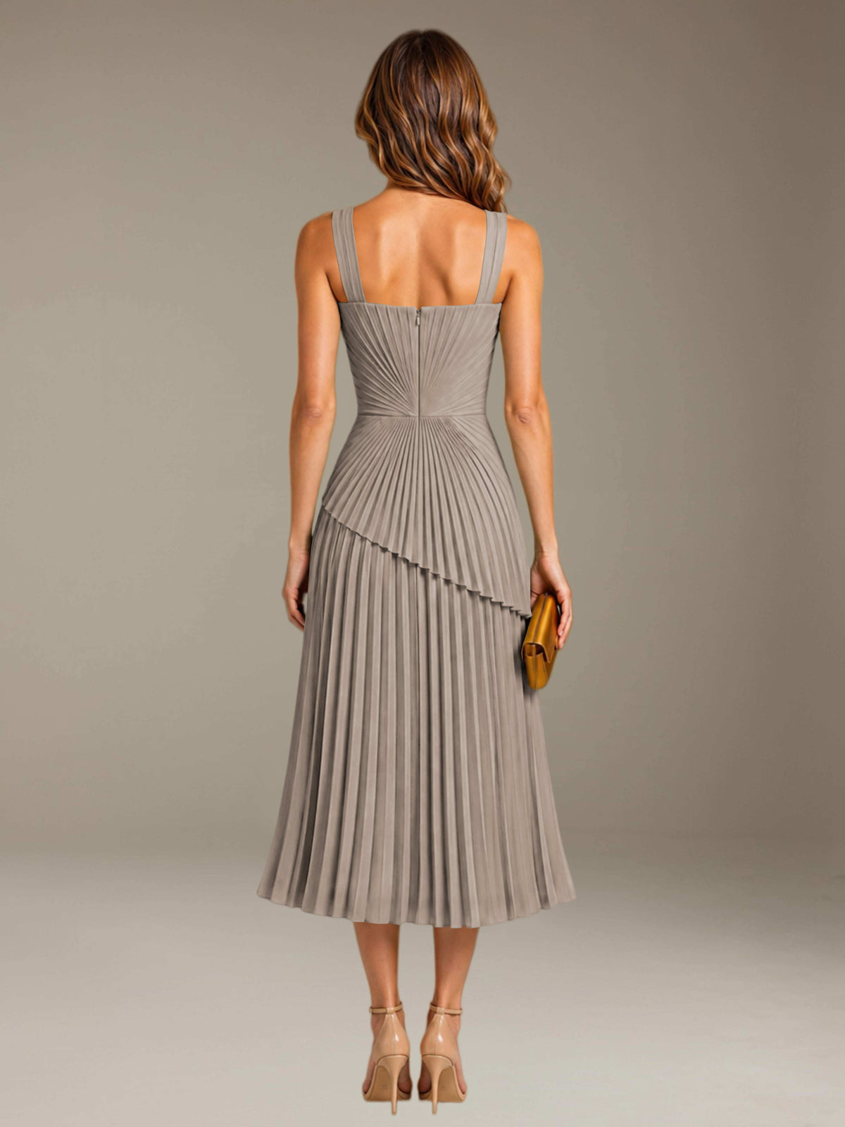 Taupe Free Shipping Elegant Square Neck A-Line Tea-Length Chiffon Wedding Guest Dress with Pleated
