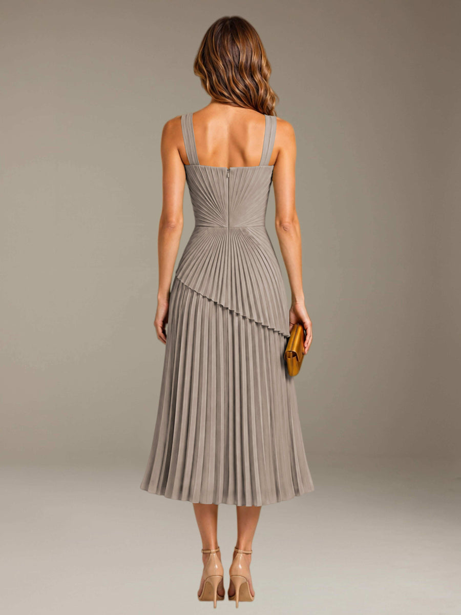 Taupe Free Shipping Elegant Square Neck A-Line Tea-Length Chiffon Wedding Guest Dress with Pleated
