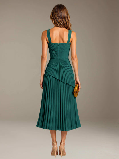Teal Free Shipping Elegant Square Neck A-Line Tea-Length Chiffon Wedding Guest Dress with Pleated
