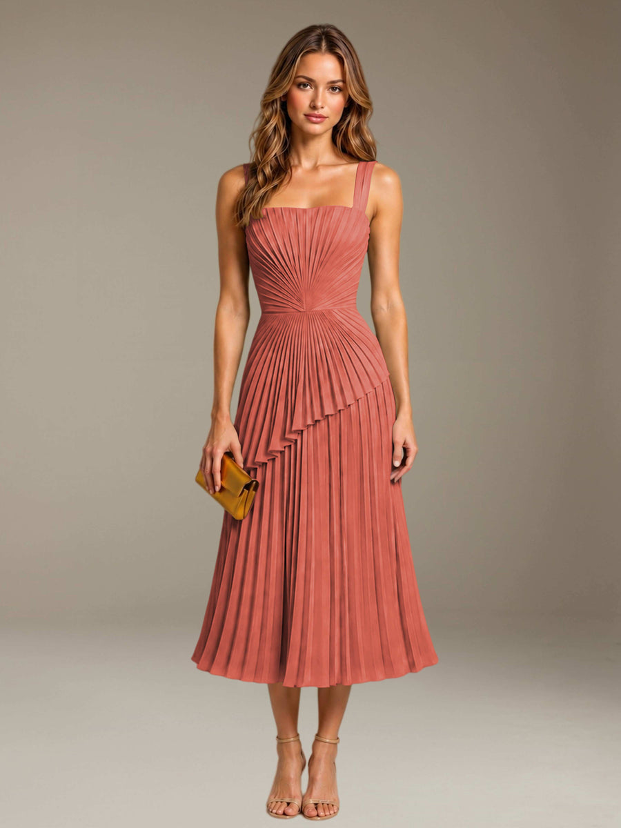 Terracotta Free Shipping Elegant Square Neck A-Line Tea-Length Chiffon Wedding Guest Dress with Pleated
