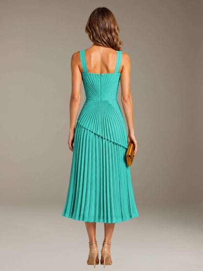 Turquoise Free Shipping Elegant Square Neck A-Line Tea-Length Chiffon Wedding Guest Dress with Pleated