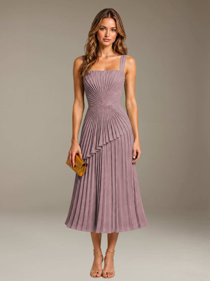 Vintage Mauve Free Shipping Elegant Square Neck A-Line Tea-Length Chiffon Wedding Guest Dress with Pleated