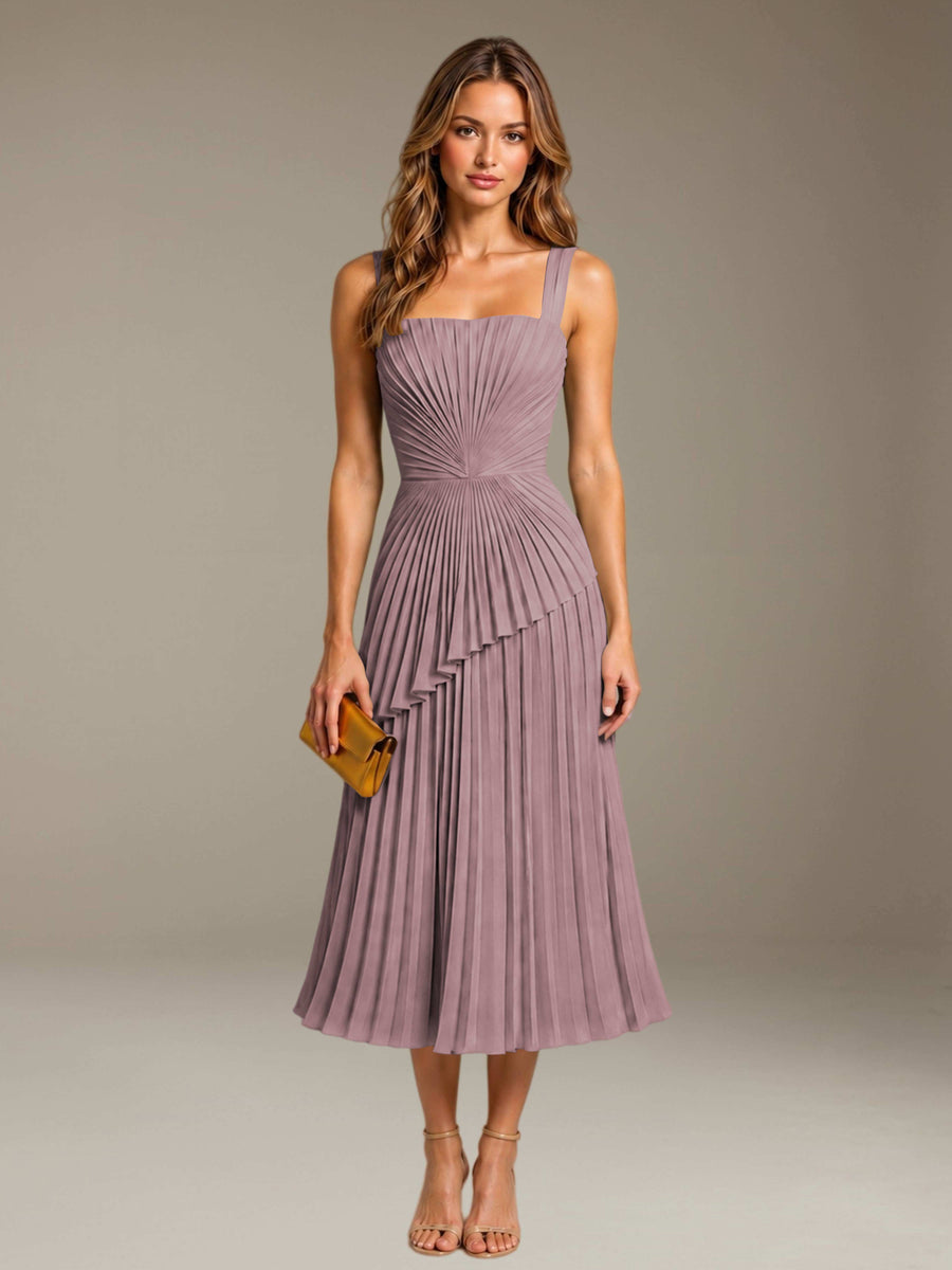 Vintage Mauve Free Shipping Elegant Square Neck A-Line Tea-Length Chiffon Wedding Guest Dress with Pleated
