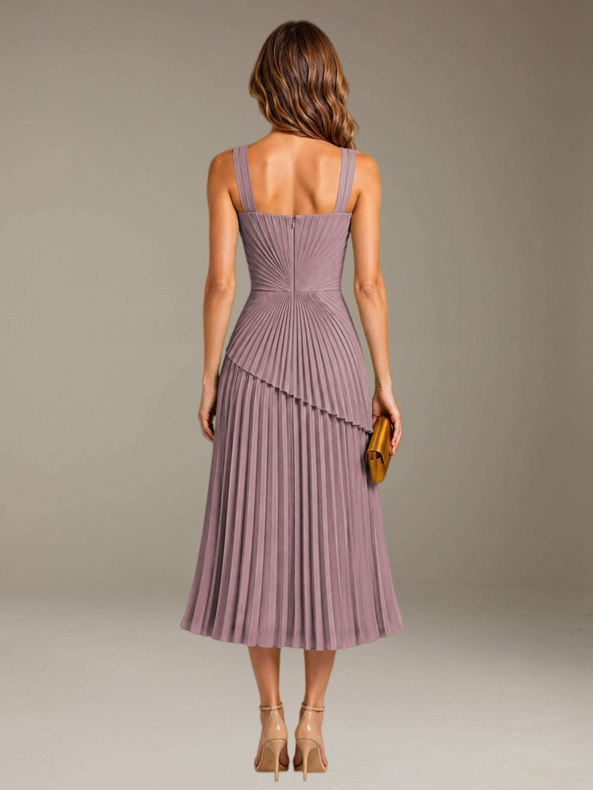 Vintage Mauve Free Shipping Elegant Square Neck A-Line Tea-Length Chiffon Wedding Guest Dress with Pleated