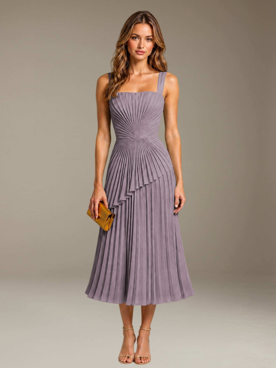 Wisteria Free Shipping Elegant Square Neck A-Line Tea-Length Chiffon Wedding Guest Dress with Pleated
