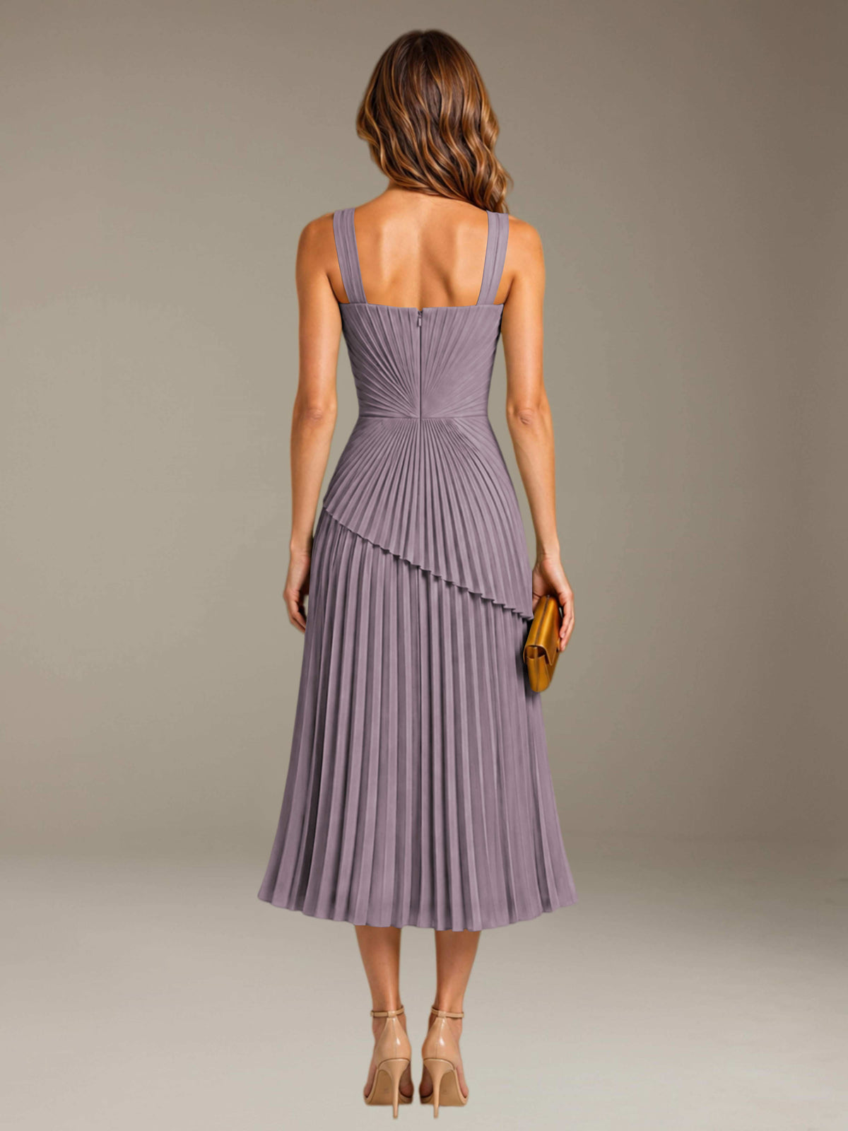 Wisteria Free Shipping Elegant Square Neck A-Line Tea-Length Chiffon Wedding Guest Dress with Pleated