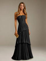 Free Shipping Elegant Strapless A-Line Chiffon Wedding Guest Dress with Pleated