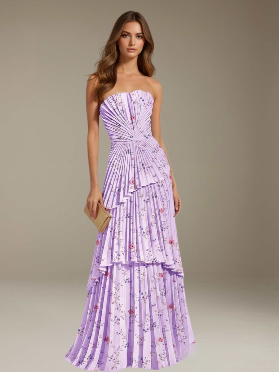 Lilac Free Shipping Elegant Strapless A-Line Long Floral Chiffon Prom Dress with Pleated Bodice