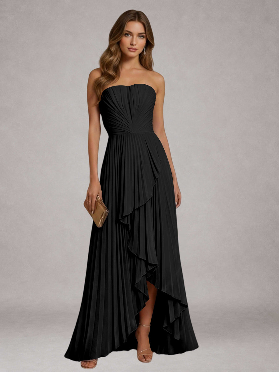 Black Free Shipping Elegant Strapless A-Line Pleated Asymmetrical Long Prom Dress