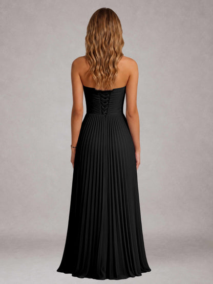 Black Free Shipping Elegant Strapless A-Line Pleated Asymmetrical Long Prom Dress